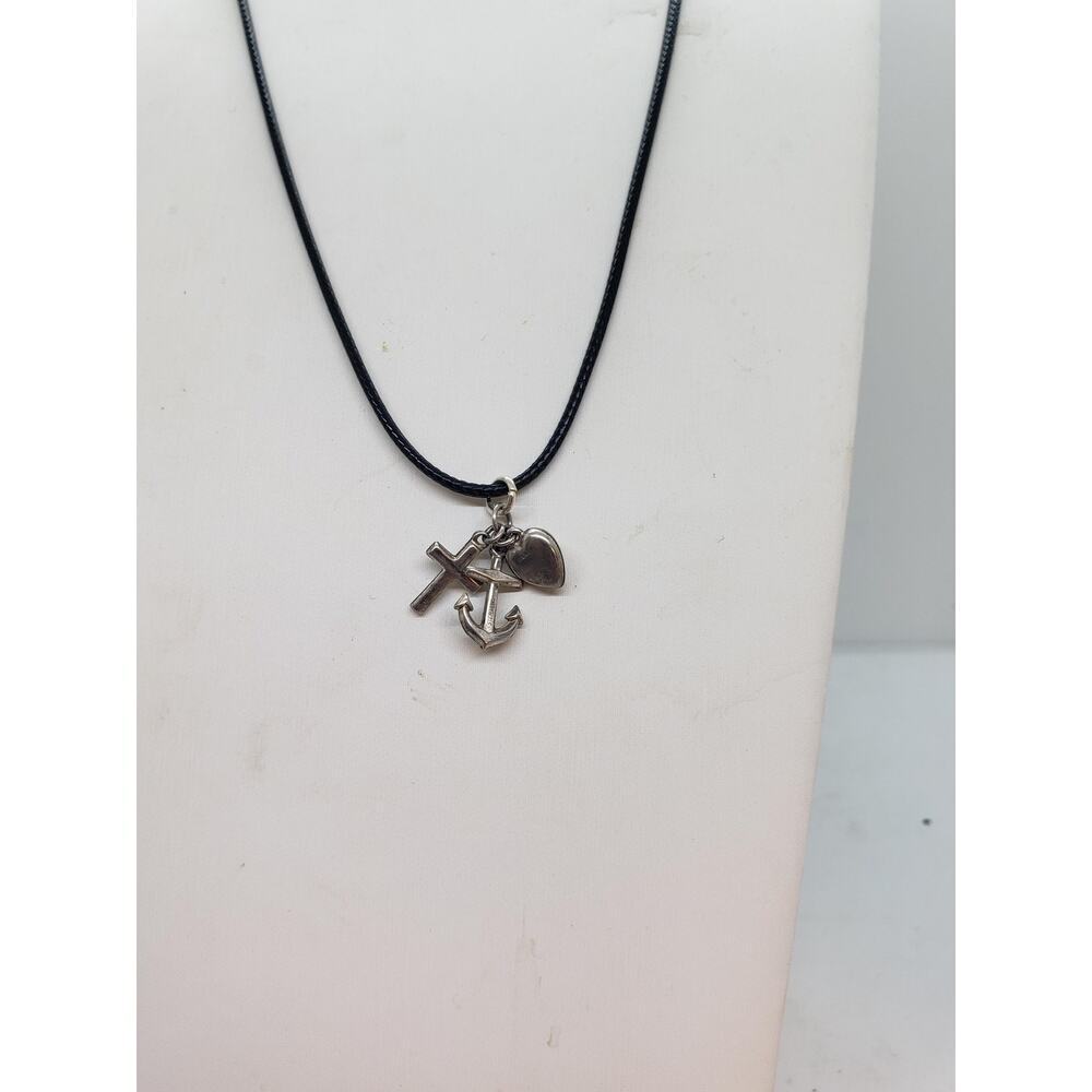 VTG Sterling Silver 925 Cross Anchor Heart Charm Necklace Faith Hope Love Navy - Picture 3 of 8